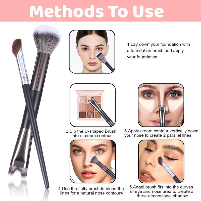 Jeffdad 5Pcs Nose Contour Brushes, 2-In-1 U-Shaped Brush and Fluffy Brush, Nose Brushes Set for Nose Sculpting and Defining,Highlight Blush Contouring - Image 3